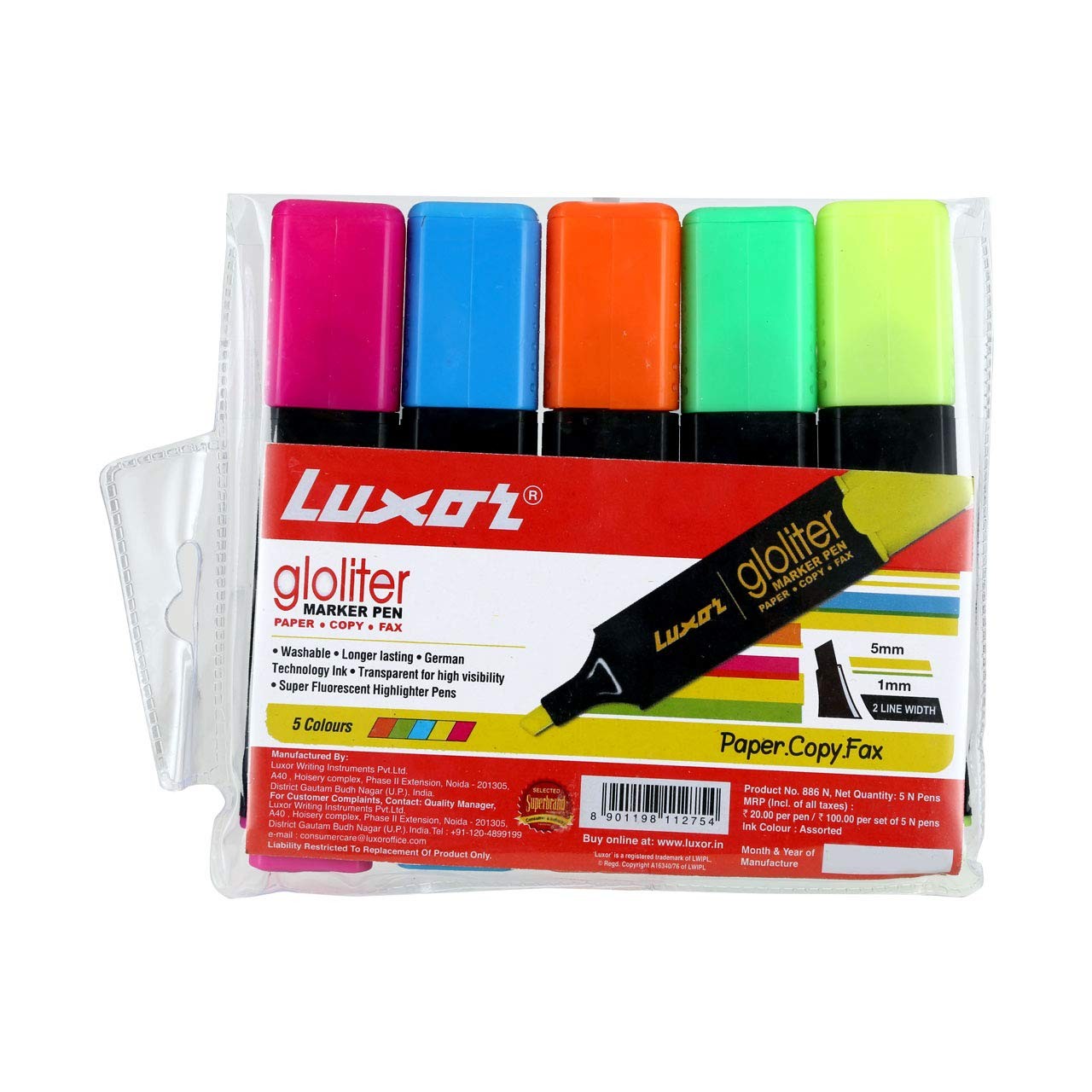 Luxor 886 N Highlighter - Assorted Colors - Set of 5